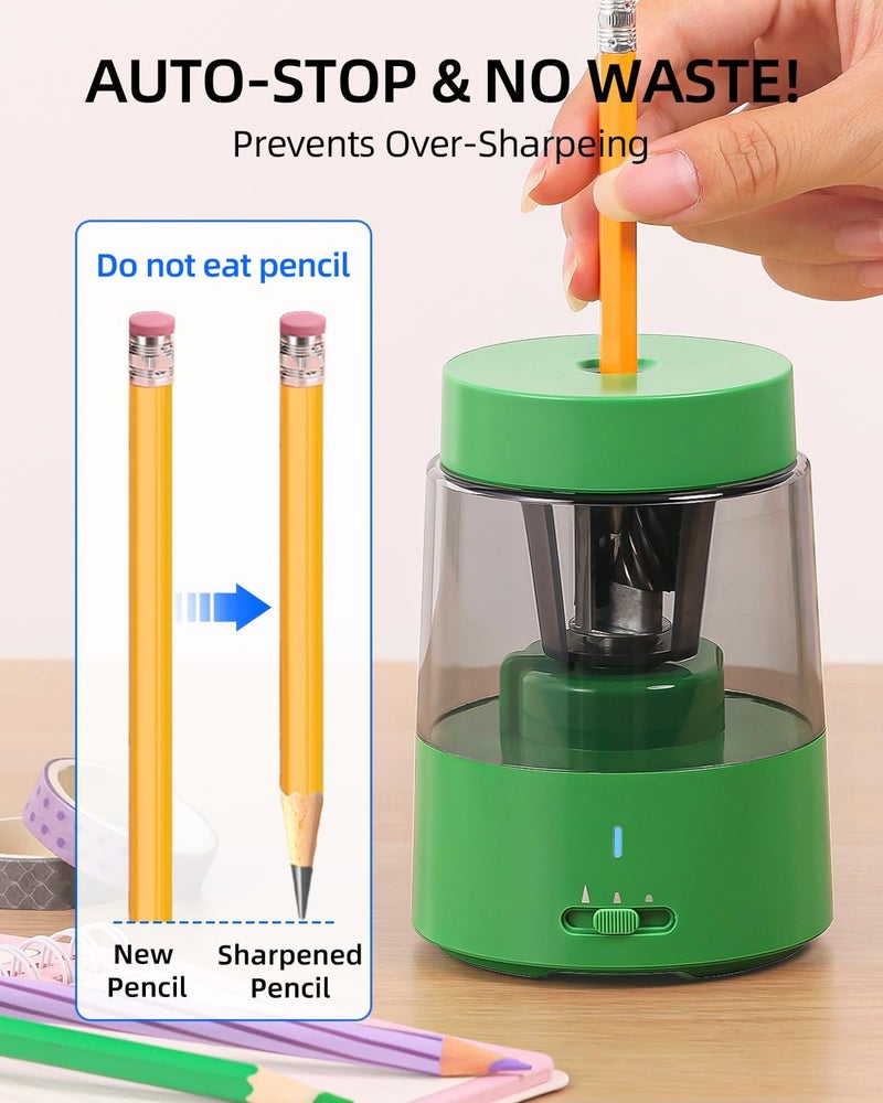Zmol Electric Rechargeable Pencil Sharpener, Automatic Pencil Sharpeners Kids, Battery Pencil Sharpeners for Colored Pencils, Auto Stop, Suitable for No.2(6-8mm), Classroom/Home Green - Image 4